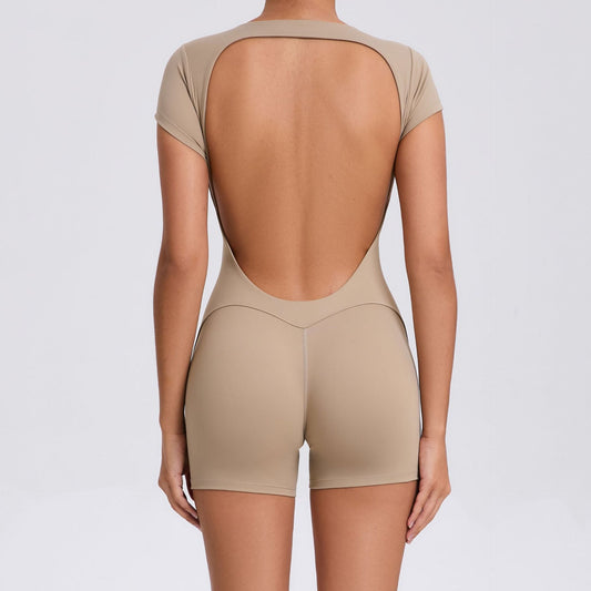 Backless Peach Hip Skinny Yoga Clothes Dance Sports Workout Clothes Hip Lift Belly Shaping Short Sleeve Yoga Jumpsuit