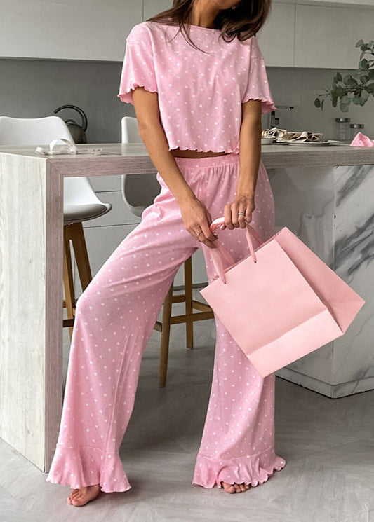 Polka Dot Lounge Set with Ruffle Hem