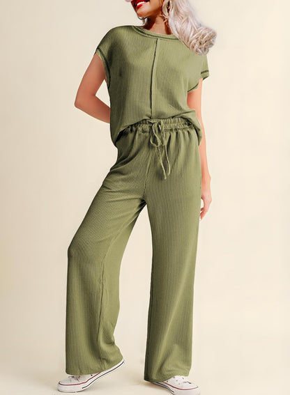 Spring Summer Casual Women Three Quarter Sleeve Rope Solid Color Office Trousers Set Women