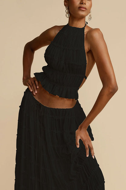 Versatile retro charm pleated drawstring waistline long skirt set