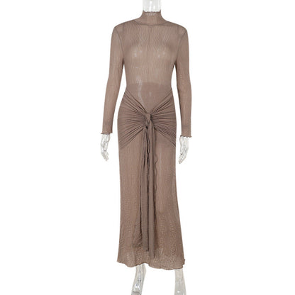 Autumn Commuting Elegant Slim Fit Micro Transparent Honeydew Pattern Knitted Dress