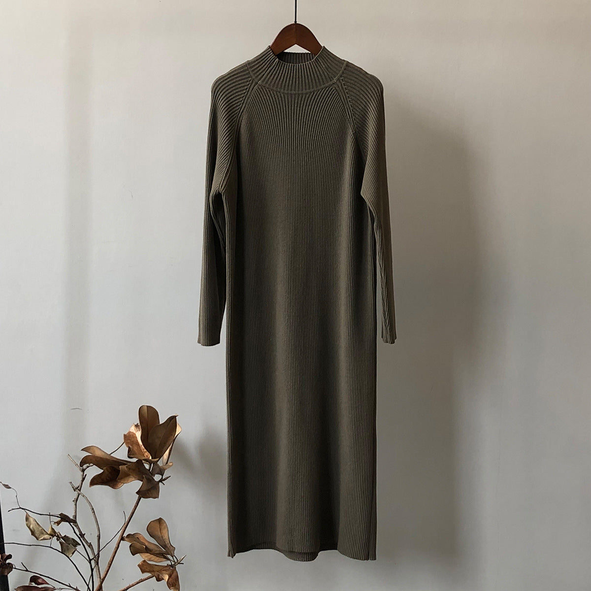 Knitted Dress Women Winter Half Turtleneck Bottoming Sweater Mid Length Overknee Dress