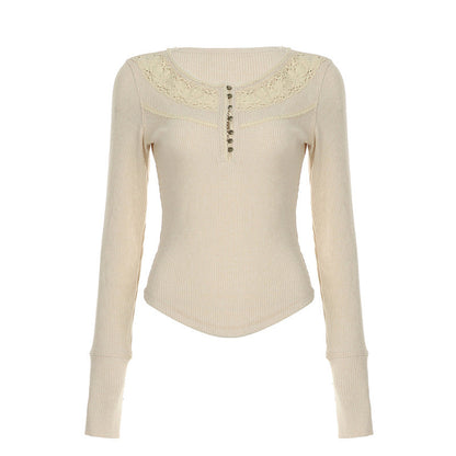 Autumn Winter Women Clothing Internet Lace Stitching Split Breasted round Neck Slim Fit Base Long Sleeve T shirt for Women