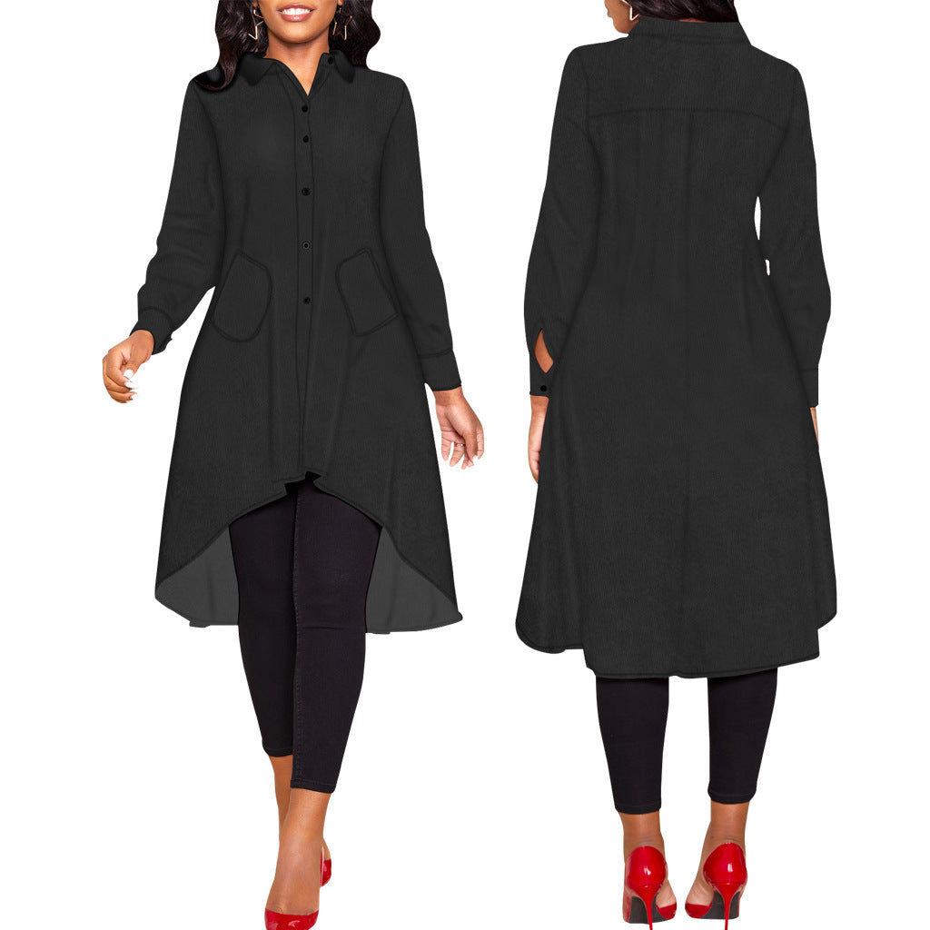 Casual Solid Color Real Pocket Women Shirt Dress