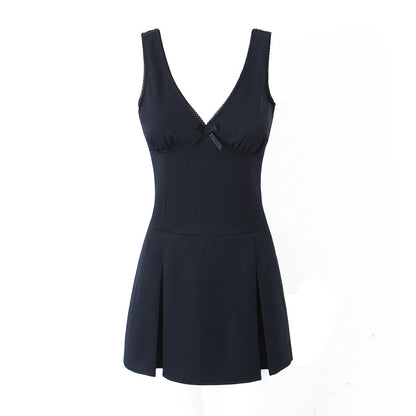Kaliah Deep V-Neck Bow Mini Dress