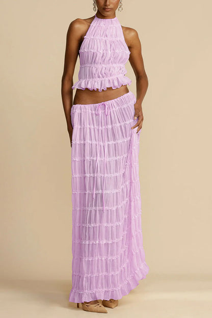 Versatile retro charm pleated drawstring waistline long skirt set