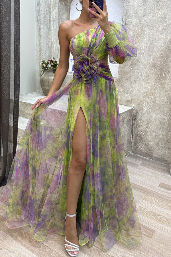 Elegant and beautiful chiffon floral pleated single shoulder sleeve slit long skirt for family