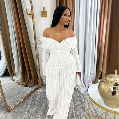 Sexy Collared Design Wave Pattern Long Sleeve Casual Two Piece Sets