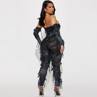 Autumn Tie Dyed Tassel Sexy Bandeau Backless Ice Sleeve Jumpsuit for Women