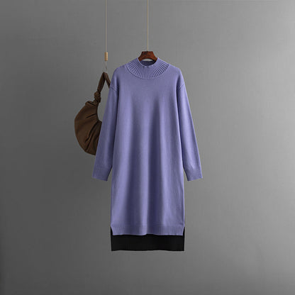 Autumn Winter Long Below The Knee Half Turtleneck Knitted Dress Loose Slimming Solid Color Woolen Dress Women