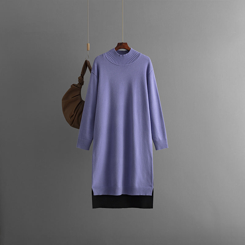 Autumn Winter Long Below The Knee Half Turtleneck Knitted Dress Loose Slimming Solid Color Woolen Dress Women