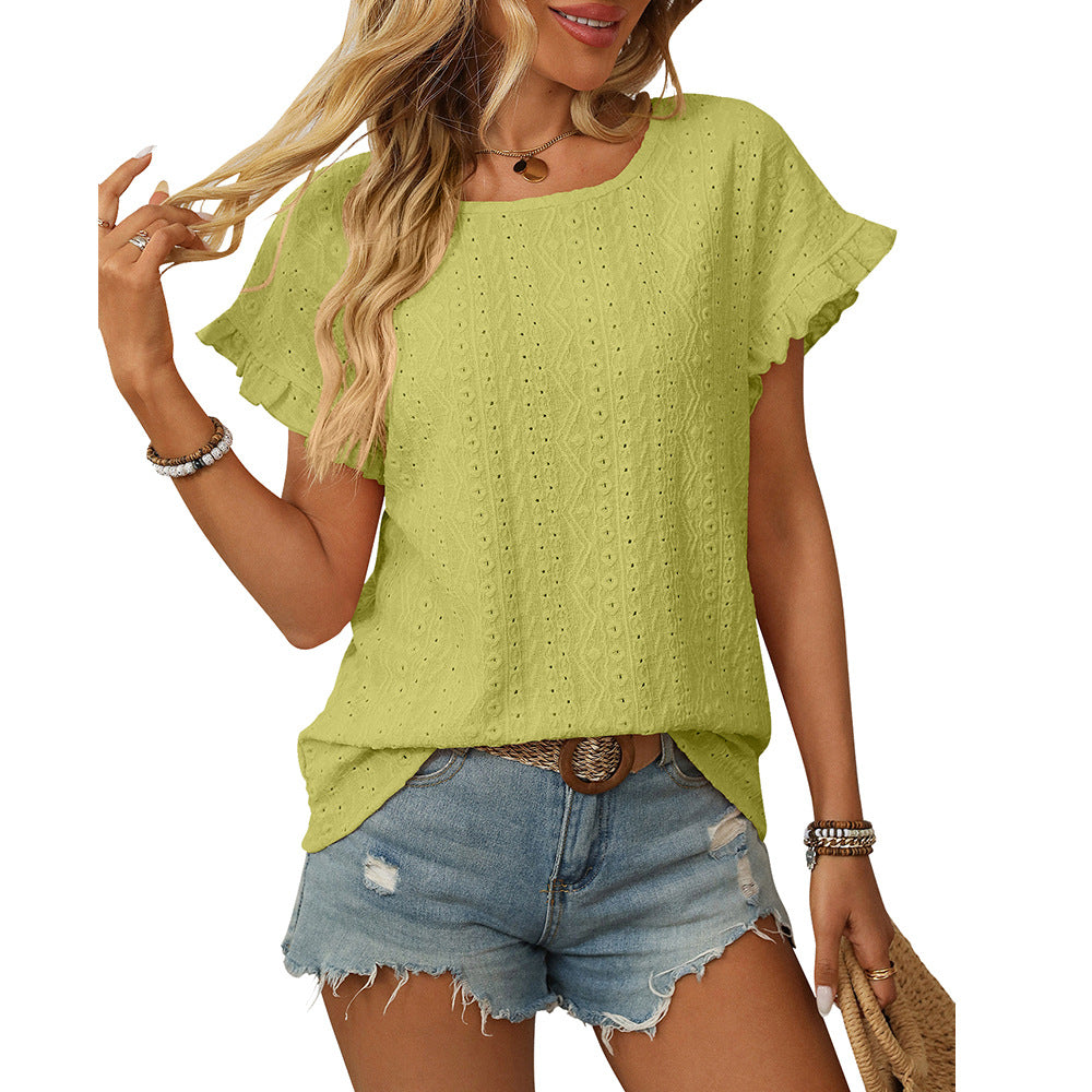 Women Clothing Spring Summer Solid Color round Neck Sweet Girl Short Sleeve T shirt Hollow Out Cutout Top