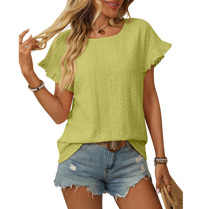 Women Clothing Spring Summer Solid Color round Neck Sweet Girl Short Sleeve T shirt Hollow Out Cutout Top