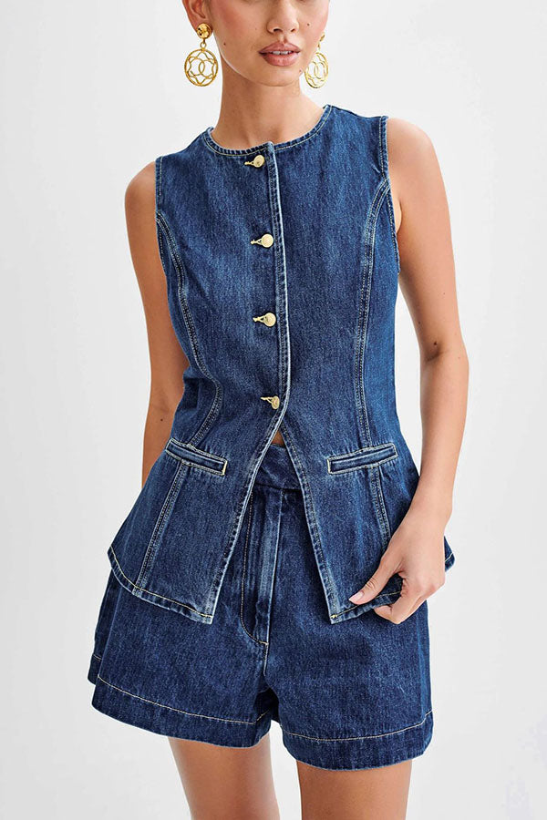 Abel Denim Button Up Princess Seams Pocket Vest Top
