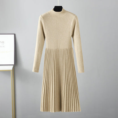 Autumn Winter Dress Solid Color Half Collar Thick below the Knees Mid Length Tight Waist Dress Soft Soft