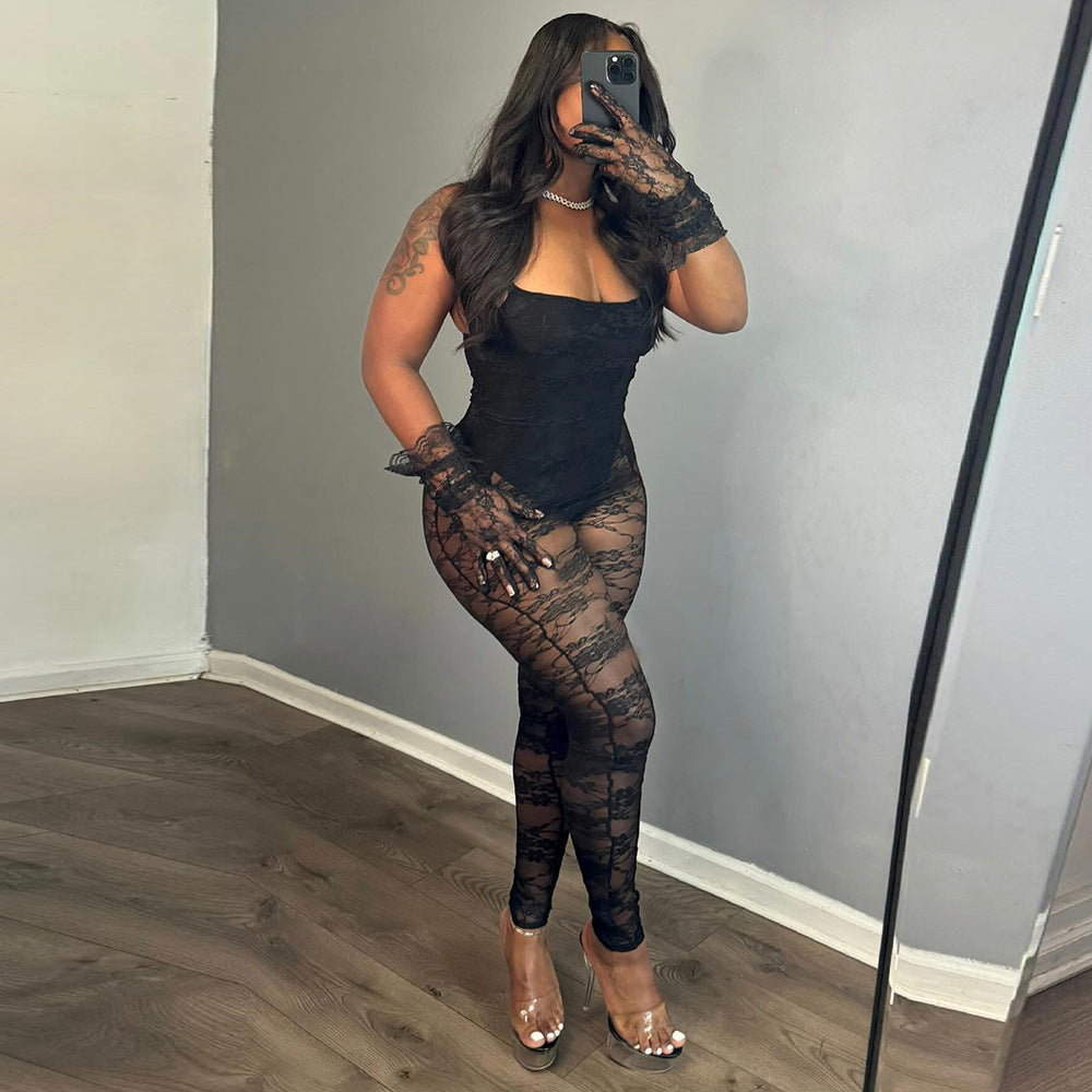 Sexy Fall Women Clothing Sling Stitching Sheer Cutout High Elasticity Jumpsuit