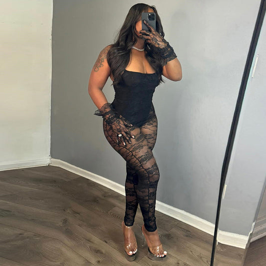 Sexy Fall Women Clothing Sling Stitching Sheer Cutout High Elasticity Jumpsuit