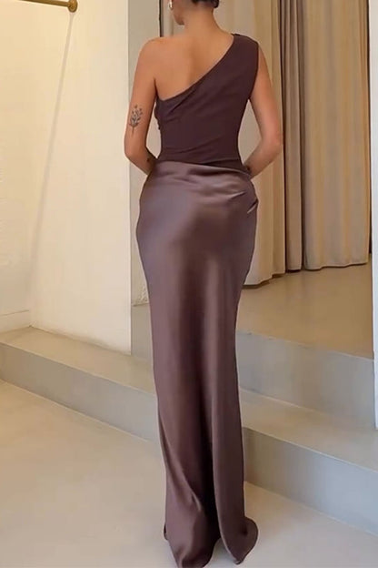 Kaia Satin Contrast Fabric Patchwork One Shoulder Ruched Maxi Dress