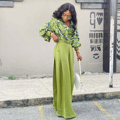Women Clothing Spring Print Lantern Sleeve Shirt Wide Leg Work Pant Casual Suit