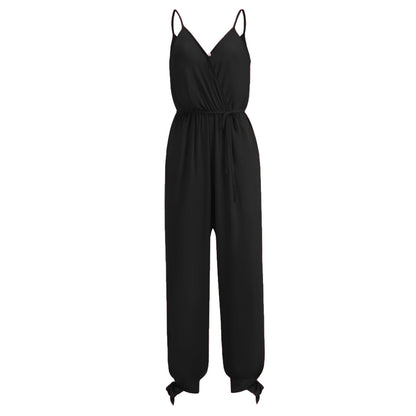 Spring Summer Sexy Backless Tether Deep V Plunge Plunge neck Strap Long Conjoined Trousers