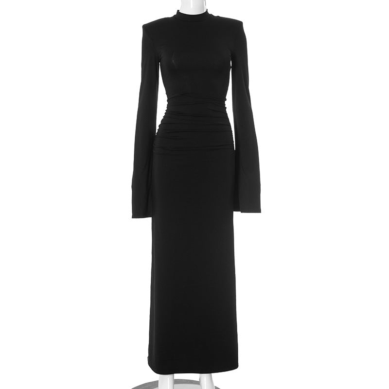 Women Clothing Sexy Slim Fit Solid Color round Neck Split Cuff Maxi Dress