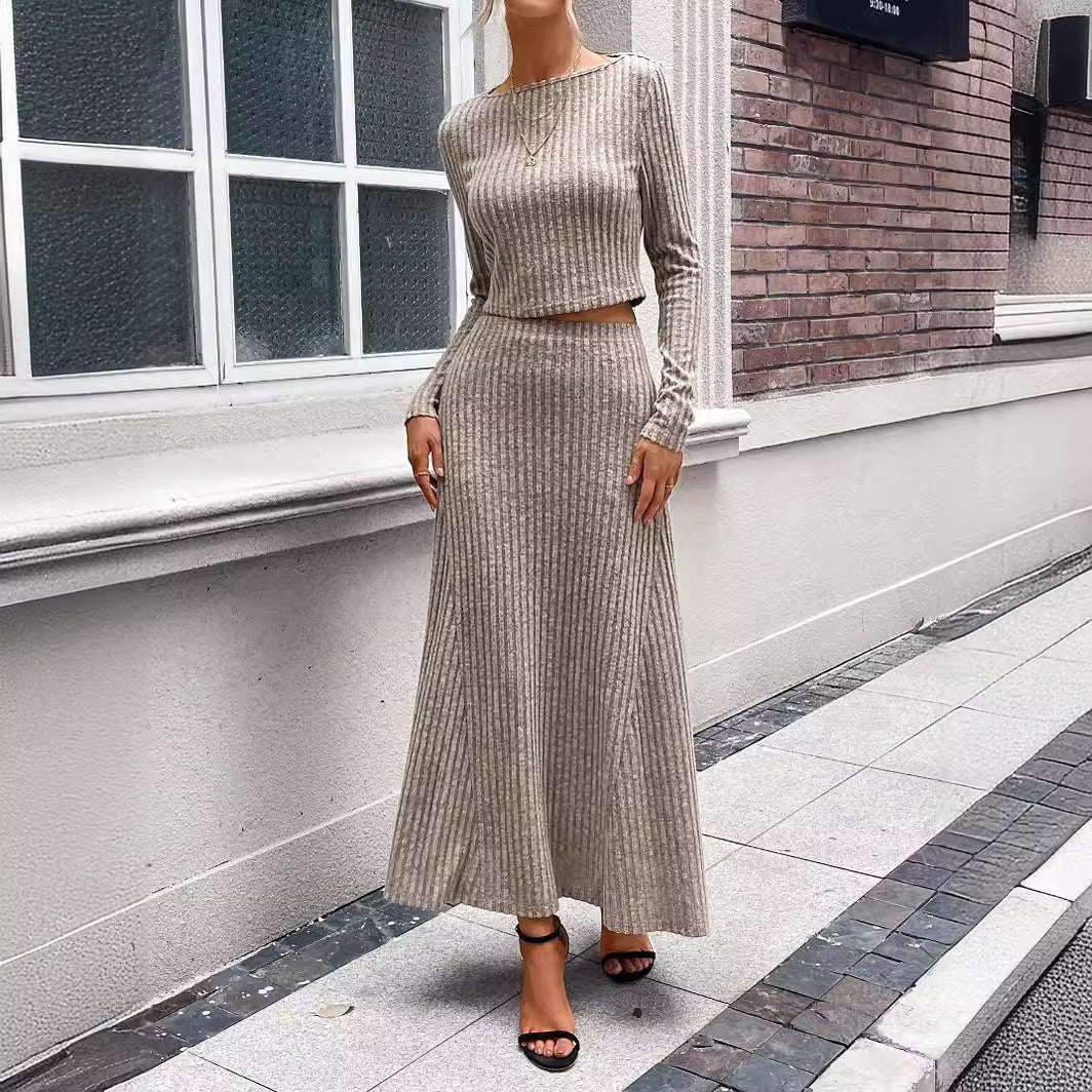 In-Stock New Manufacturer Direct Sale 2025 Autumn Winter Women���s Tight Fitting Ribbed Long Sleeve Casual Knit Set Suit