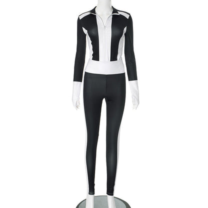 Women Clothing Autumn Winter Contrast Color Stitching Finger Fit Design Zipper Collared Cardigan Tight High Waist Suit
