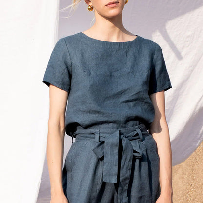 Summer Linen Short Sleeved Casual Comfortable Breathable Cotton Linen T shirt Office Solid Color round Neck Loose Top T