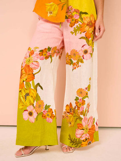 Printed Cotton Linen Two-Piece Suit Outfit Top Wide Leg Pants Amplified craft