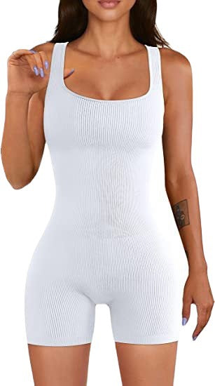 Women Yoga Jumpsuit Workout Ribbed Square Collar Sleeveless Sports Jumpsuit