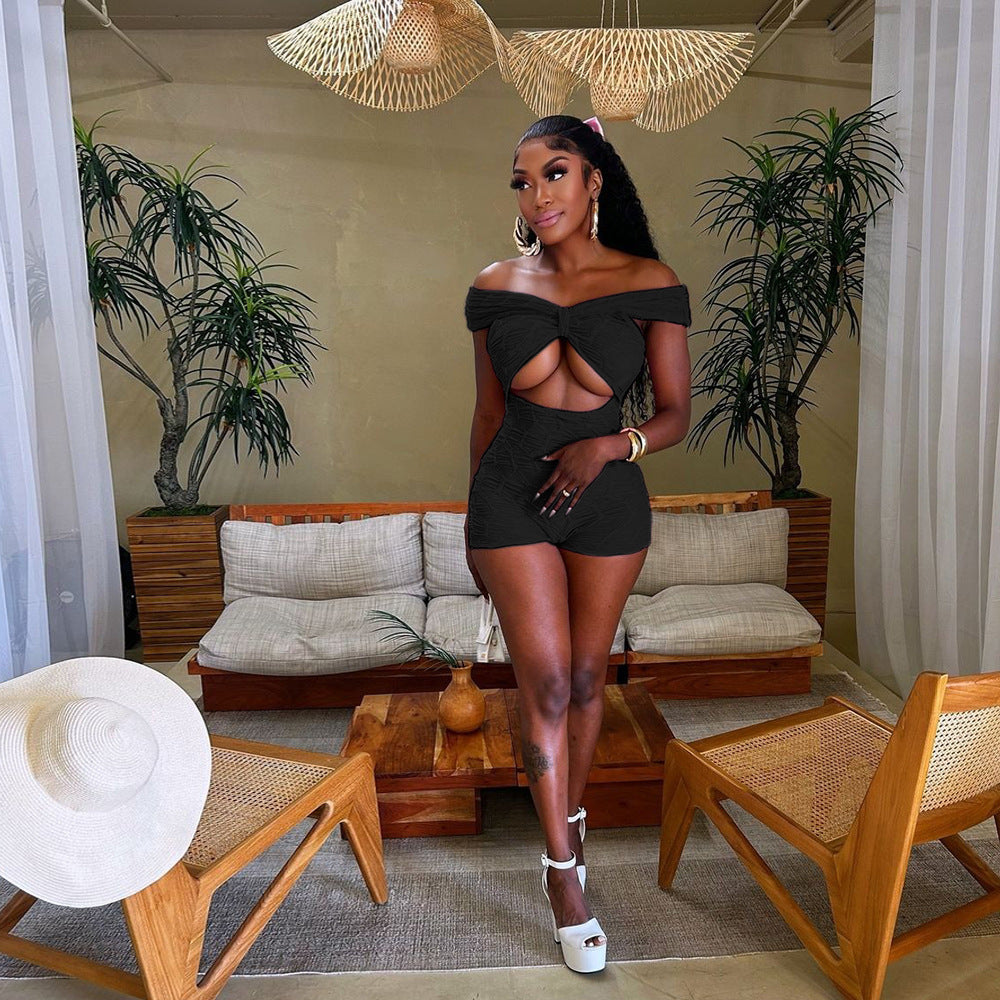 Women Clothing Sexy Cutout Jumpsuit Off Shoulder Solid Color Women