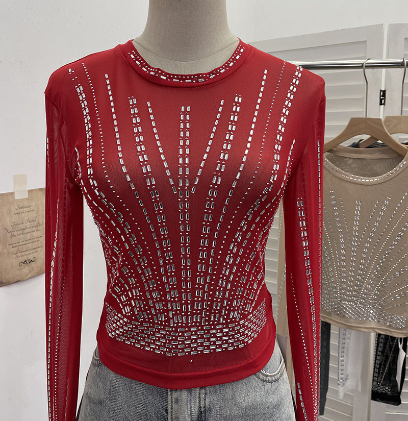 Diamond Embedded Thin Sheer Mesh Long Sleeve T shirt Slim Short Backless Top Women