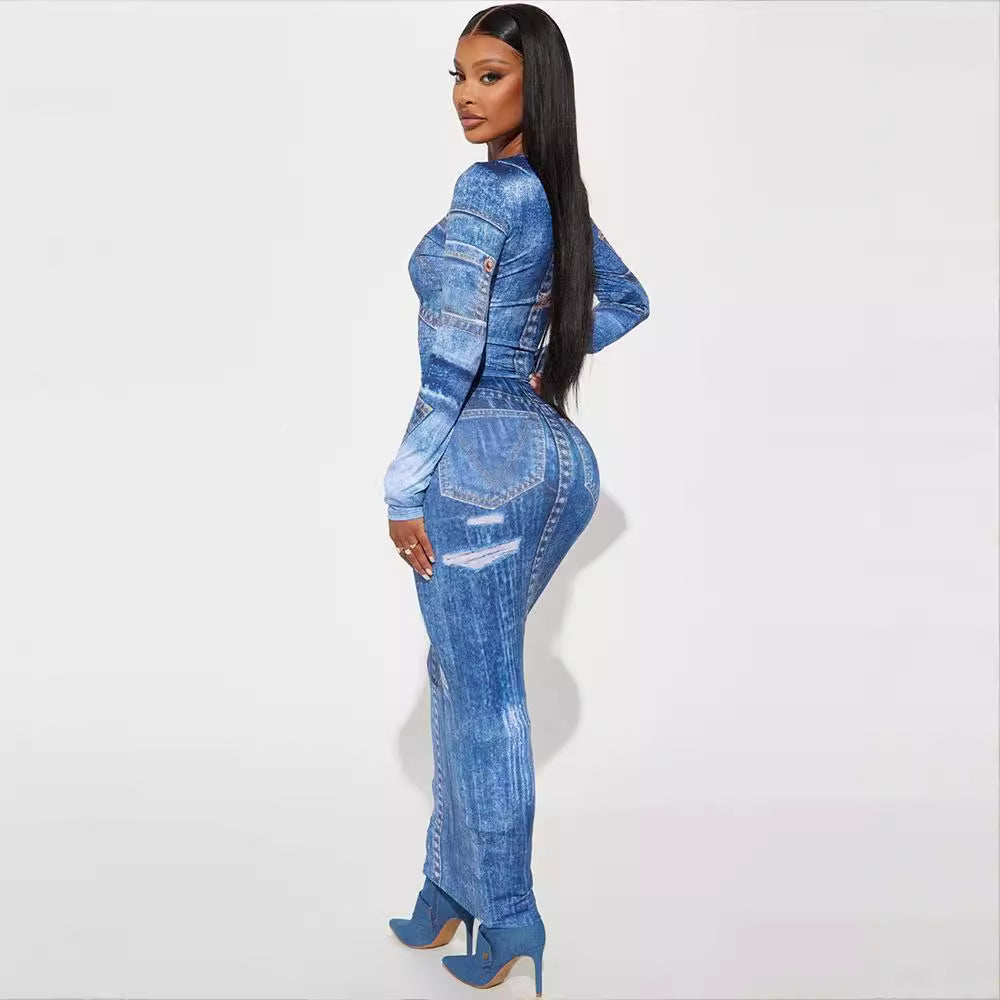 2025 Autumn New Two-Piece Denim Print Round Neck Long Sleeve Top Slim Fit Bodycon Long Skirt Suit