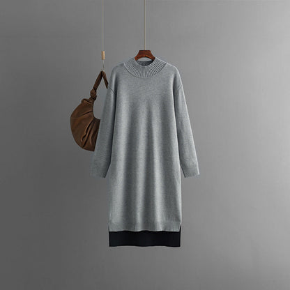 Autumn Winter Long Below The Knee Half Turtleneck Knitted Dress Loose Slimming Solid Color Woolen Dress Women