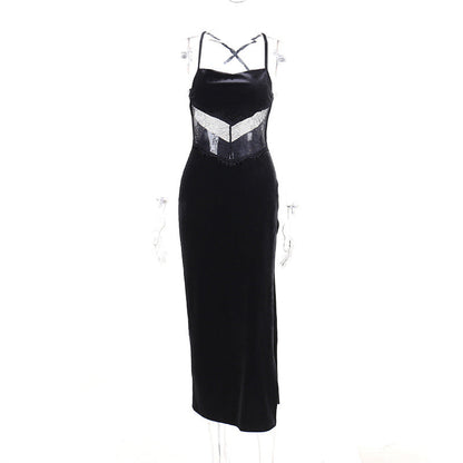 Women Autumn Summer Lace Sexy Backless Patchwork Slit Dress Women