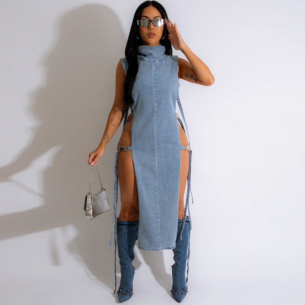 Denim Dress Sexy Cutout Washed Turtleneck Dress Women