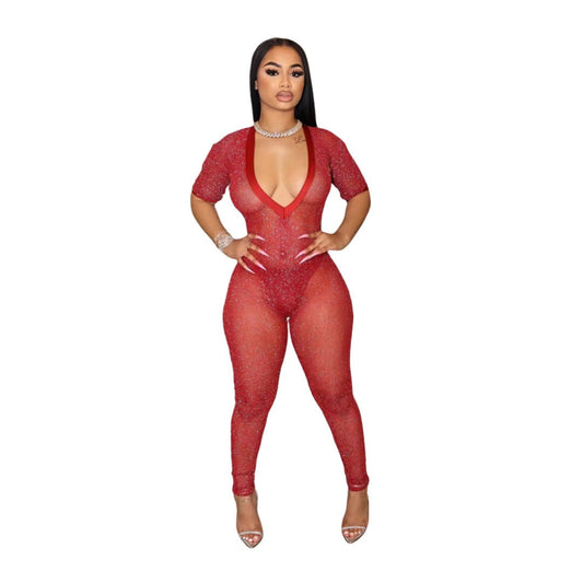 Women Clothing Sexy Semi Transparent Large V Neck Jumpsuit Women