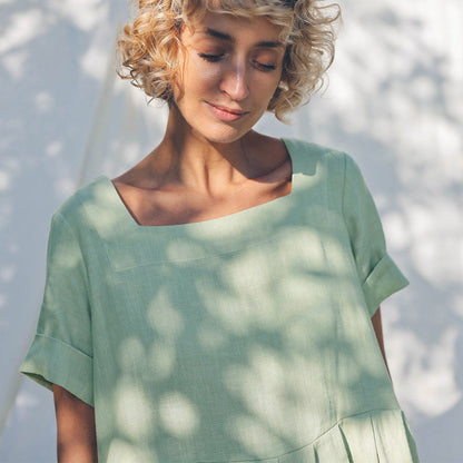 Square Collar Cotton Linen Dress Short Sleeve Women Clothing Summer Nordic Niche Loose Mid Length