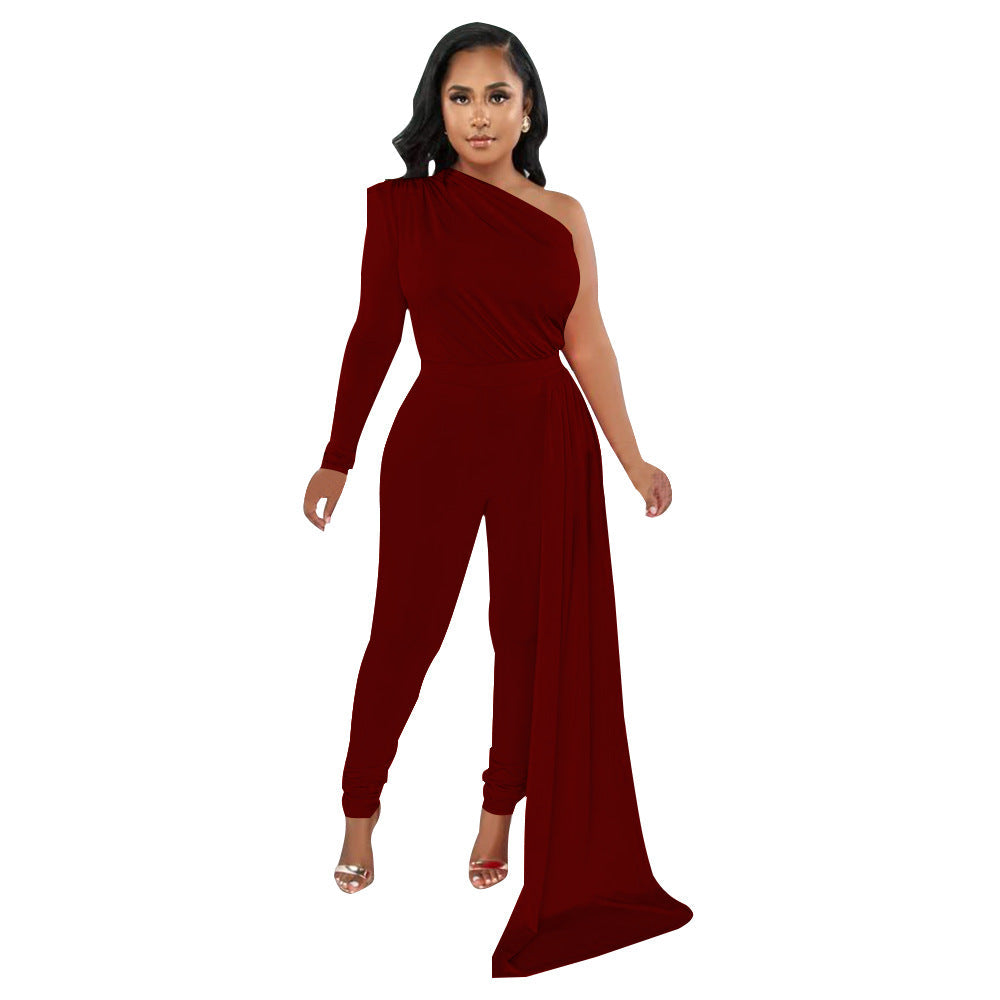Women Autumn Pleated Shoulder Solid Color Tight Jumpsuit Women