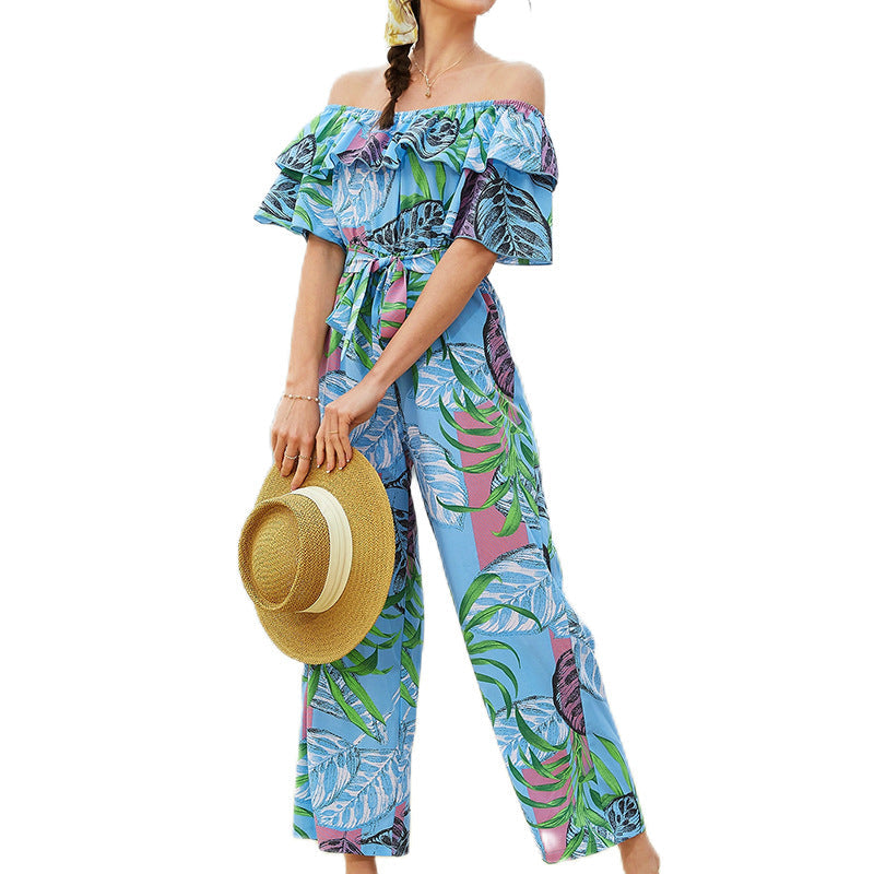 Women Clothing Fashion off-Shoulder Floral Jumpsuit Summer Short Sleeve Chiffon Vacation Beach Jumpsuit