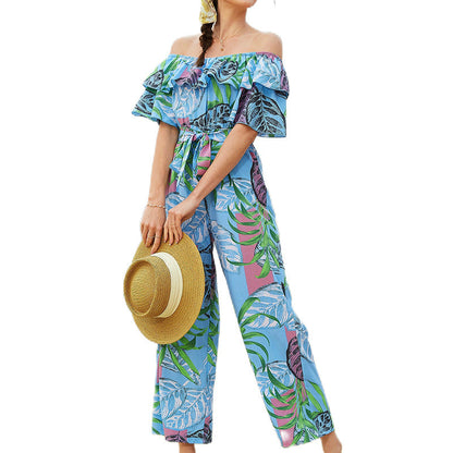 Women Clothing Fashion off-Shoulder Floral Jumpsuit Summer Short Sleeve Chiffon Vacation Beach Jumpsuit