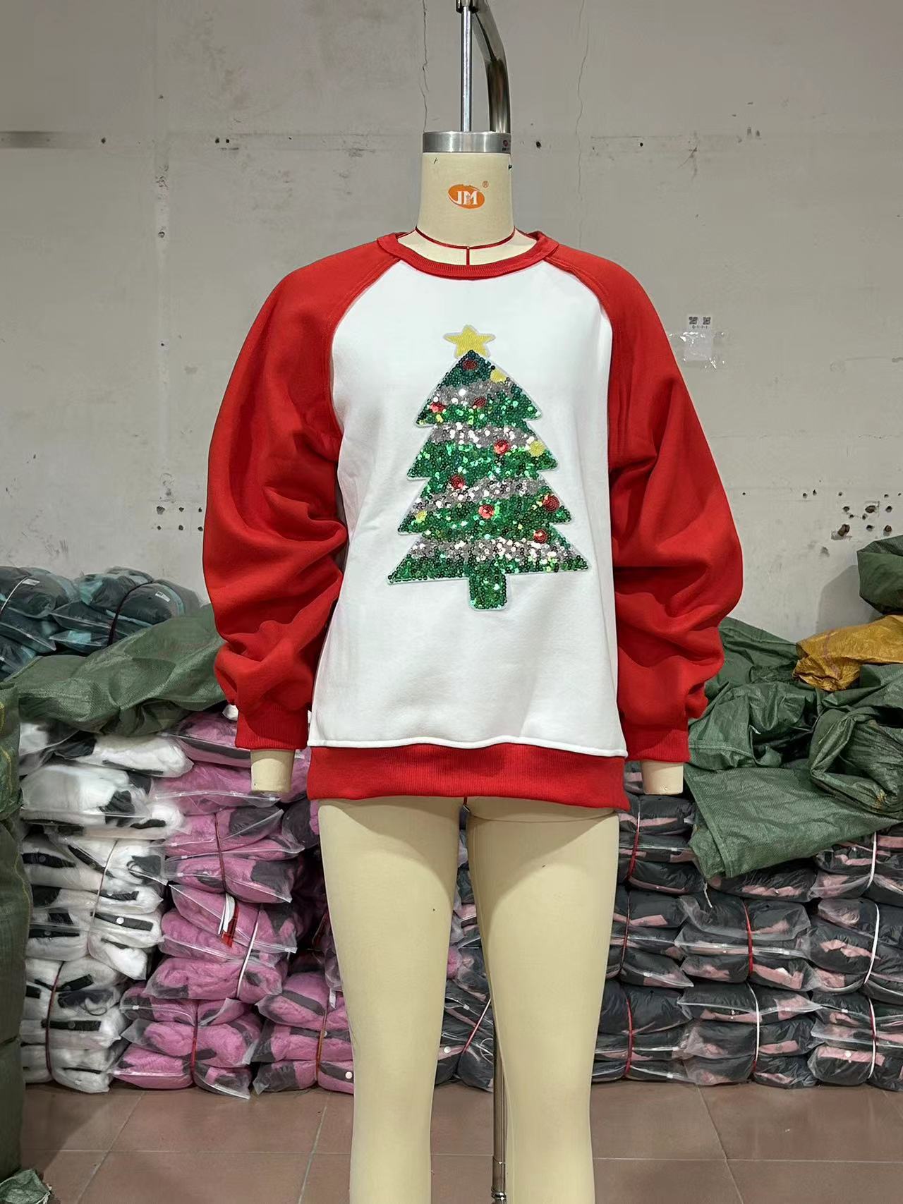 Christmas Tree Sequin Brushed Hoody Women Clothing Pullover Long Sleeve Loose Top Autumn Winter
