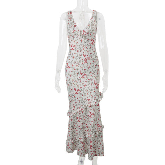 Spring Women Clothing Sexy V neck Halter Pastoral Floral Ruffled Slim Fit Dress Women