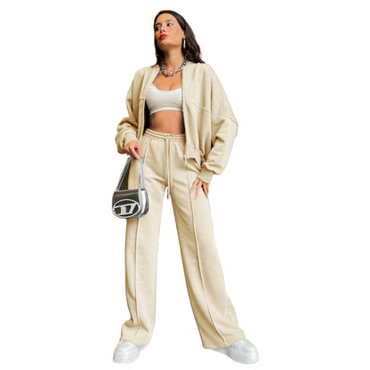 Autumn Winter Solid Color Zipper Cardigan Sweater Women Casual Straight Pants Set