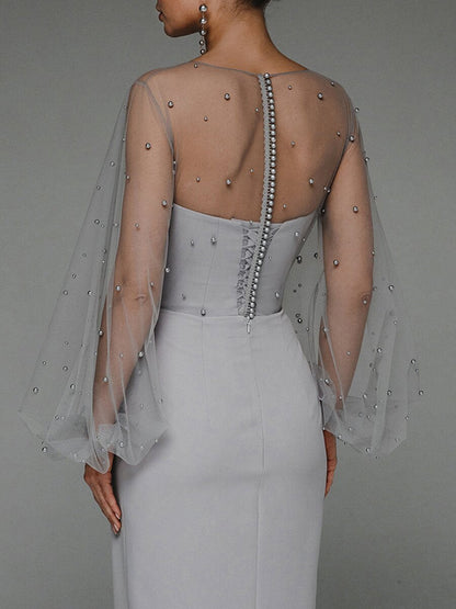 Strapless Puff Sleeves Shiny Glitter Wedding Dress