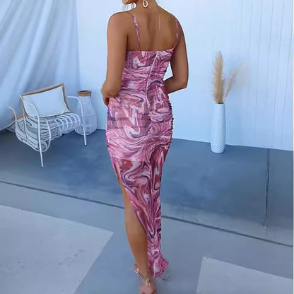 Spring and summer new sling fishtail print dress INS casual backless zipper holiday party women's dress