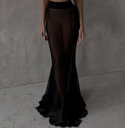 Long Sleeve Satin Top Loose Stretch Yarn Mesh Skirt Two Piece Sets