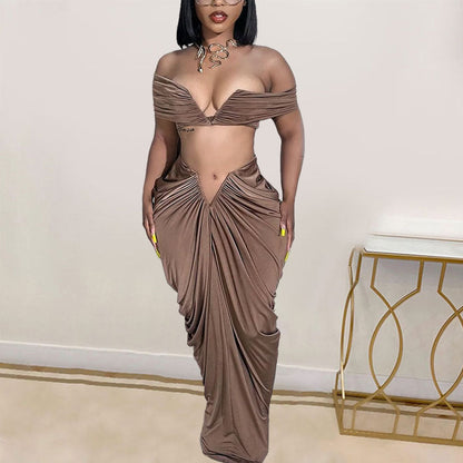 Sexy Sleeveless Tube Top Stretch Tight Mop Pleated Skirt Two Piece Set