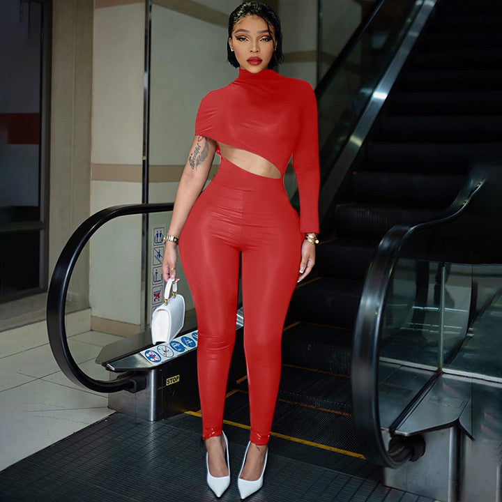 Women Clothing Autumn Winter Street Tight Fitting Solid Color Irregular Asymmetric Cropped Exposed Jumpsuit Trousers
