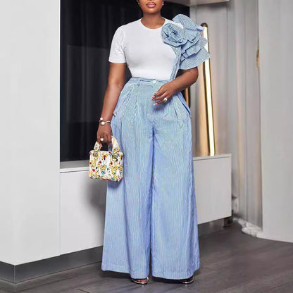Round Neck Short Sleeve Striped Contrast Color Wide Leg Pants Two Piece Sets